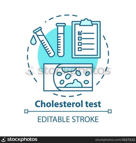 Cholesterol level laboratory analysis concept icon. Checking fat blocked arteries idea thin line illustration. Monitoring atherosclerosis symptoms. Vector isolated outline drawing. Editable stroke. Cholesterol level laboratory analysis concept icon. Checking fat blocked arteries idea thin line illustration. Monitoring atherosclerosis symptoms. Vector isolated outline drawing. Editable stroke