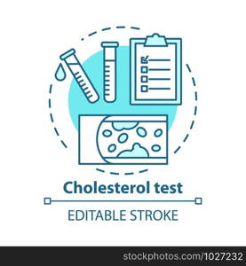 Cholesterol level laboratory analysis concept icon. Checking fat blocked arteries idea thin line illustration. Monitoring atherosclerosis symptoms. Vector isolated outline drawing. Editable stroke. Cholesterol level laboratory analysis concept icon. Checking fat blocked arteries idea thin line illustration. Monitoring atherosclerosis symptoms. Vector isolated outline drawing. Editable stroke