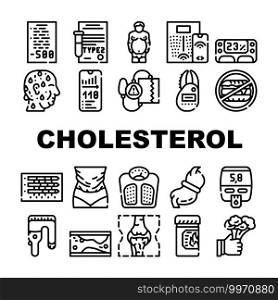 Cholesterol Overweight Collection Icons Set Vector. Cholesterol Overweight People And Diabetes Disease, Food Diary And Smart Scales Black Contour Illustrations. Cholesterol Overweight Collection Icons Set Vector flat