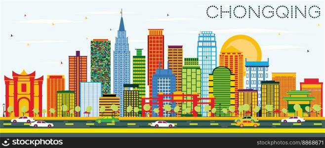 Chongqing Skyline with Color Buildings and Blue Sky. Vector Illustration. Business Travel and Tourism Concept with Chongqing Modern Buildings. Image for Presentation Banner Placard and Web.