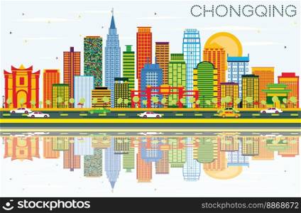 Chongqing Skyline with Color Buildings, Blue Sky and Reflections. Vector Illustration. Business Travel and Tourism Concept with Chongqing Modern Buildings. Image for Presentation Banner Placard and Web.