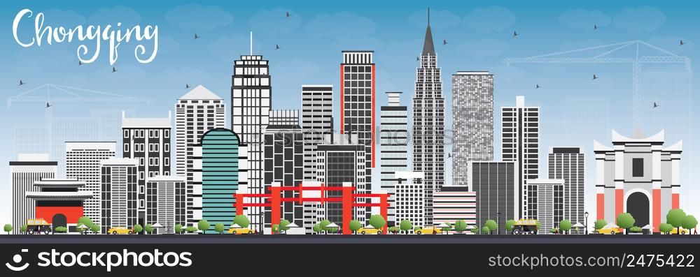 Chongqing Skyline with Gray Buildings and Blue Sky. Vector Illustration. Business Travel and Tourism Concept with Chongqing Modern Buildings. Image for Presentation Banner Placard and Web.