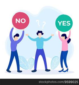 Choose a vector illustration. Concept selection process by office workers. Symbolic scenes with yes or no answers and decision making. Positive or negative persuasion and convincing visualization.