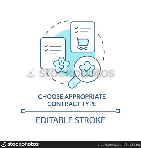 Choose appropriate contract type turquoise concept icon. Procurement process abstract idea thin line illustration. Isolated outline drawing. Editable stroke. Arial, Myriad Pro-Bold fonts used. Choose appropriate contract type turquoise concept icon