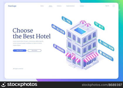 Choose best hotel isometric landing page, booking service for tourists, building exterior with accommodation options as pool, wi-fi, family room, breakfast, parking and sea view, 3d vector web banner. Choose best hotel isometric landing page, booking