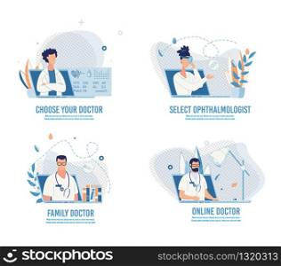 Choose Doctor, Make Appointment and Book Visit Online Set. Searching Medical Specialist Service for Diseases Treatment, Maintaining Health. Cartoon Design Banner. Vector Flat Illustration. Choose Doctor and Make Appointment Online Set