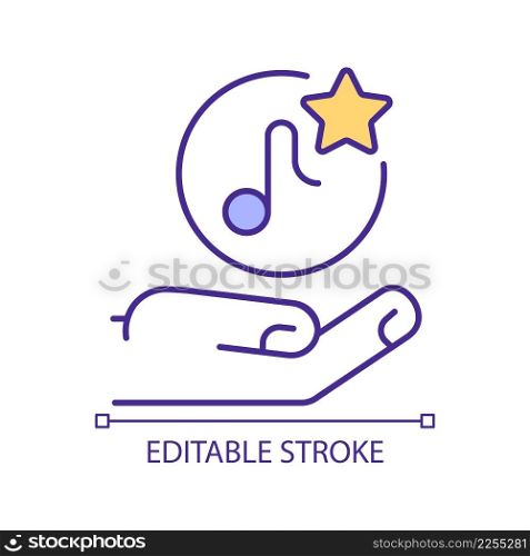 Choose favorite melody RGB color icon. Hand with musical note and star. Ranking rhythm and song. Isolated vector illustration. Simple filled line drawing. Editable stroke. Arial font used. Choose favorite melody RGB color icon