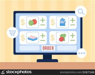 Choose groceries online flat color vector illustration. E commerce and retail. Desktop display with online shop. Supermarket website on 2D cartoon computer monitor with abstract background. Choose groceries online flat color vector illustration