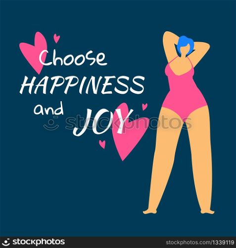 Choose Happiness and Joy. Overweight Woman in Pink Swimwear Admire of Herself Stand in Relaxing Pose on Blue Background with Hearts. Body Positive, Love to Own Figure, Cartoon Flat Vector Illustration. Overweight Woman in Swimwear Admire of Herself
