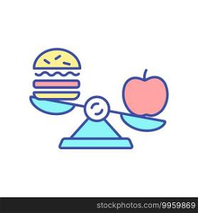 Choose healthy food RGB color icon. Benefit of nutrition and nourishment. Vegetarian and vegan diet. Avoid unhealthy junk snacks. Healthy lifestyle, conscious eating. Isolated vector illustration. Choose healthy food RGB color icon