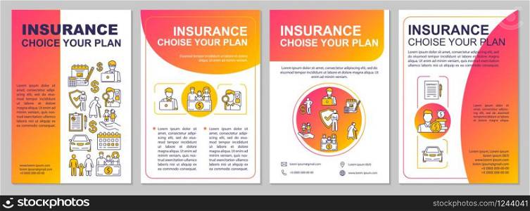 Choose insurance plan brochure template. Personal security. Flyer, booklet, leaflet print, cover design with linear icons. Vector layouts for magazines, annual reports, advertising posters