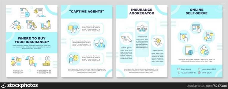 Choose insurance seller turquoise brochure template. Leaflet design with linear icons. Editable 4 vector layouts for presentation, annual reports. Arial-Black, Myriad Pro-Regular fonts used. Choose insurance seller turquoise brochure template