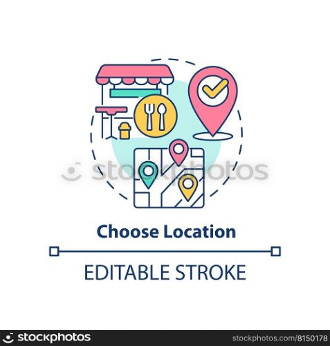 Choose location concept icon. Small restaurant business plan abstract idea thin line illustration. Site with own parking. Isolated outline drawing. Editable stroke. Arial, Myriad Pro-Bold fonts used. Choose location concept icon