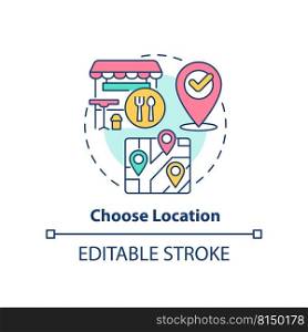 Choose location concept icon. Small restaurant business plan abstract idea thin line illustration. Site with own parking. Isolated outline drawing. Editable stroke. Arial, Myriad Pro-Bold fonts used. Choose location concept icon