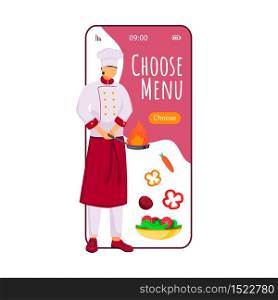 Choose menu cartoon smartphone vector app screen. Mobile phone display with chef flat character design mockup. Restaurant, catering service. Food ordering application telephone interface