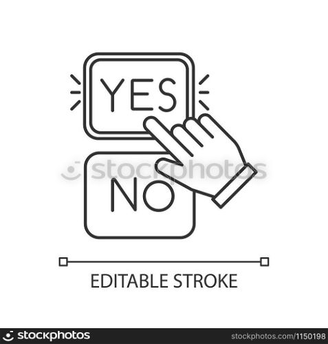 Choose option linear icon. Yes and no buttons. Hand clicking option. Agree and disagree. Picking answer. Thin line illustration. Contour symbol. Vector isolated outline drawing. Editable stroke