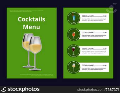 Choose refreshing alcohol beverage, bar card beverages choice vector poster. Cocktails menu cover design with list of drinks prices and ingredients. Choose Refreshing Alcohol Beverage Bar Card Vector