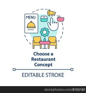 Choose restaurant type concept icon. Opening foodservice establishment step abstract idea thin line illustration. Isolated outline drawing. Editable stroke. Arial, Myriad Pro-Bold fonts used. Choose restaurant type concept icon