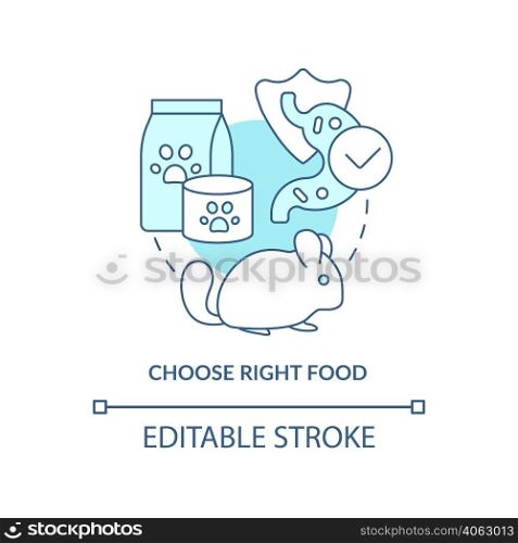 Choose right food turquoise concept icon. Keeping small animals healthy abstract idea thin line illustration. Isolated outline drawing. Editable stroke. Arial, Myriad Pro-Bold fonts used. Choose right food turquoise concept icon