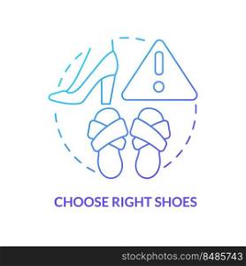 Choose right shoes blue gradient concept icon. Surviving air accident abstract idea thin line illustration. Comfortable option for travel. Isolated outline drawing. Myriad Pro-Bold font used. Choose right shoes blue gradient concept icon