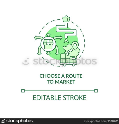 Choose route to market green concept icon. Marketing strategy. Export business tips abstract idea thin line illustration. Isolated outline drawing. Editable stroke. Arial, Myriad Pro-Bold fonts used. Choose route to market green concept icon