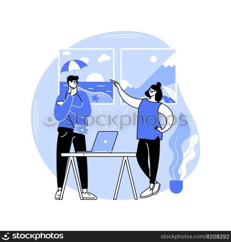 Choose shooting location isolated cartoon vector illustrations. Production studio staff discussing shooting place, content creation, marketing agency, brand promotion vector cartoon.. Choose shooting location isolated cartoon vector illustrations.