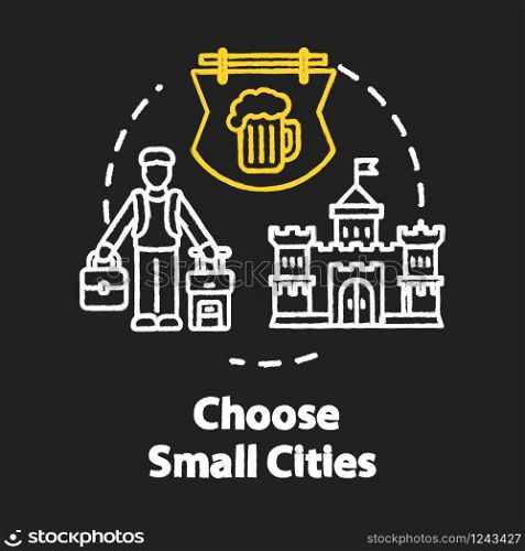 Choose small cities chalk RGB color concept icon. Affordable travel, small towns visit idea. Indigenous culture experience. Vector isolated chalkboard illustration on black background