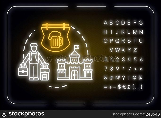 Choose small cities neon light concept icon. Affordable travel, small towns visit idea. Outer glowing sign with alphabet, numbers and symbols. Vector isolated RGB color illustration