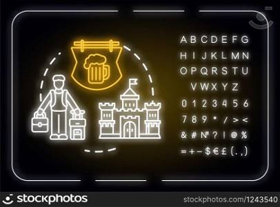 Choose small cities neon light concept icon. Affordable travel, small towns visit idea. Outer glowing sign with alphabet, numbers and symbols. Vector isolated RGB color illustration
