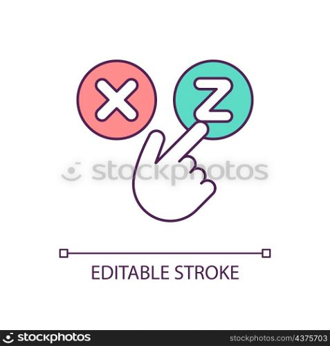 Choose snooze mode of digital alarm clock RGB color icon. Need more sleep. Overwork and tiredness. Isolated vector illustration. Simple filled line drawing. Editable stroke. Arial font used. Choose snooze mode of digital alarm clock RGB color icon