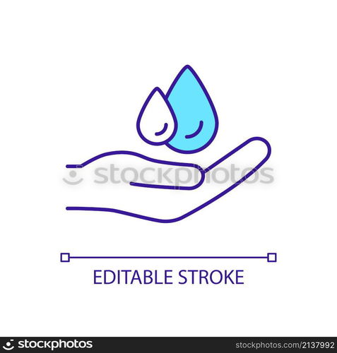 Choose water based cosmetic products RGB color icon. Oily skin protection. Hand and drops. Skincare routine. Isolated vector illustration. Simple filled line drawing. Editable stroke. Arial font used. Choose water based cosmetic products RGB color icon