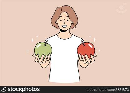 Choosing and getting decision concept. Young woman standing and holding green and red apple in hands offering to choose vector illustration . Choosing and getting decision concept