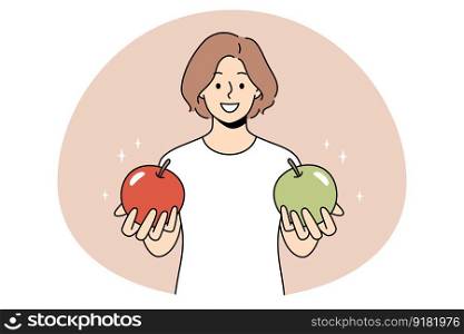 Choosing and getting decision concept. Young woman standing and holding green and red apple in hands offering to choose vector illustration. Choosing and getting decision concept