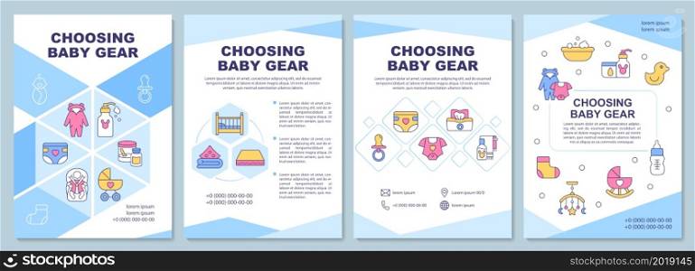 Choosing baby gear brochure template. Select safe products. Flyer, booklet, leaflet print, cover design with linear icons. Vector layouts for presentation, annual reports, advertisement pages. Choosing baby gear brochure template