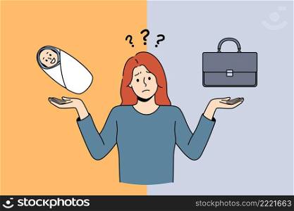 Choosing between career and parenthood concept. Young frustrated woman standing and trying to choose between giving birth and having great career vector illustration . Choosing between career and parenthood concept