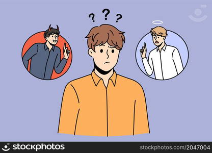 Choosing between evil and kindness concept. Frustrated boy standing with question sign mark above trying to choose between devil and angel in thoughts vector illustration . Choosing between evil and kindness concept