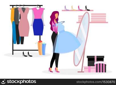 Choosing clothes in wardrobe flat illustration. Shopper buying new outfit in clothing store. Elegant lady purchasing evening gown for festive event. Fashionista, shopaholic in boutique fitting room . Choosing clothes in wardrobe flat illustration. Shopper buying new outfit in clothing store. Elegant lady purchasing evening gown for festive event. Fashionista, shopaholic in boutique fitting room