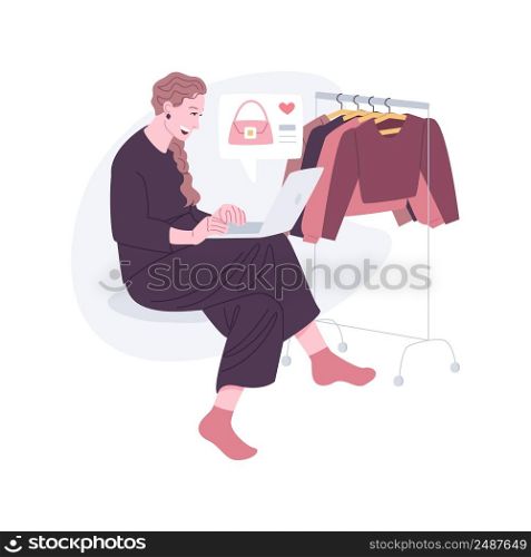 Choosing clothes online isolated cartoon vector illustrations. Young girl sitting in the dressing room and choosing clothes with laptop, buying new apparel and accessories vector cartoon.. Choosing clothes online isolated cartoon vector illustrations.