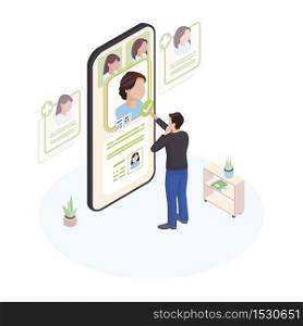 Choosing doctor online isometric illustration. Patient selecting physician profile on smartphone screen isolated character. Telemedicine personnel, specialists choice with telecommunication technology