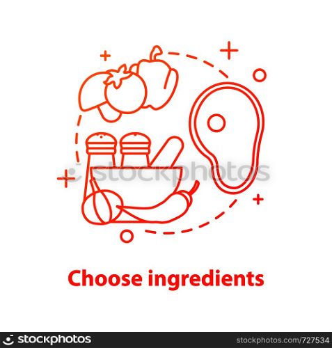 Choosing ingredients concept icon. Grocery shop idea thin line illustration. Meat, vegetables, spices. Vector isolated outline drawing. Choosing ingredients concept icon