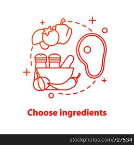 Choosing ingredients concept icon. Grocery shop idea thin line illustration. Meat, vegetables, spices. Vector isolated outline drawing. Choosing ingredients concept icon