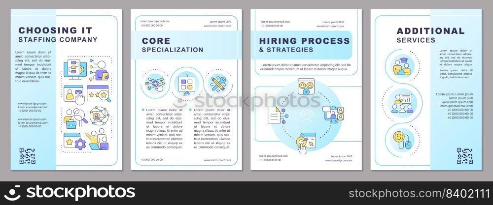 Choosing IT staffing company blue brochure template. Leaflet design with linear icons. Editable 4 vector layouts for presentation, annual reports. Arial-Black, Myriad Pro-Regular fonts used. Choosing IT staffing company blue brochure template