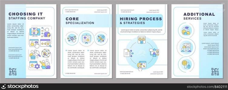 Choosing IT staffing company blue brochure template. Leaflet design with linear icons. Editable 4 vector layouts for presentation, annual reports. Arial-Black, Myriad Pro-Regular fonts used. Choosing IT staffing company blue brochure template