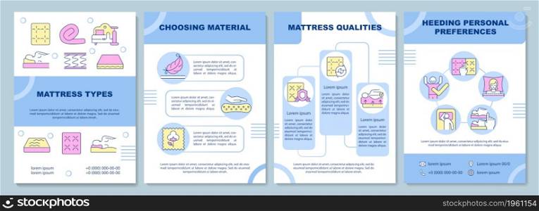 Choosing mattress brochure template. Personal preferences. Flyer, booklet, leaflet print, cover design with linear icons. Vector layouts for presentation, annual reports, advertisement pages. Choosing mattress brochure template