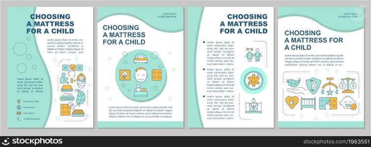 Choosing mattress for child mint brochure template. Baby health. Flyer, booklet, leaflet print, cover design with linear icons. Vector layouts for presentation, annual reports, advertisement pages. Choosing mattress for child mint brochure template