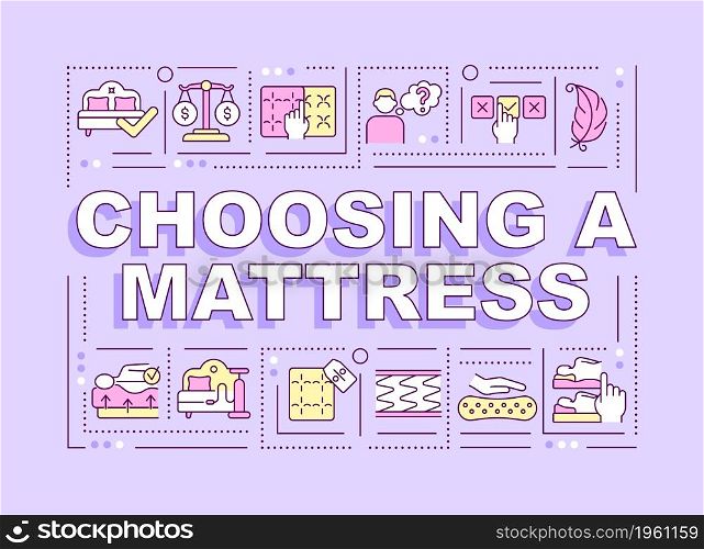 Choosing mattress word concepts banner. Comfortable sleeping. Infographics with linear icons on purple background. Isolated creative typography. Vector outline color illustration with text. Choosing mattress word concepts banner