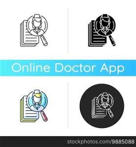 Choosing medical specialist icon. Online doctors overview. Primary, urgent care, dentistry, dermatology, mental health care. Linear black and RGB color styles. Isolated vector illustrations. Choosing medical specialist icon