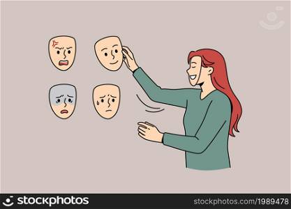 Choosing mood and bipolar disorder concept. Young woman with happy face mask standing and choosing expression between anger rage unhappiness and satisfaction vector illustration . Choosing mood and bipolar disorder concept