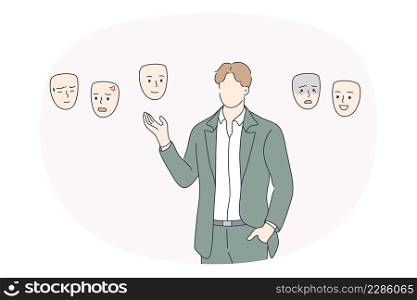 Choosing mood and mental health concept. Faceless businessman standing and choosing mood of the day with various expressions vector illustration . Choosing mood and mental health concept.