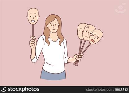 Choosing mood of day concept. Young female cartoon character standing with various emotions masks choosing right for moment vector illustration . Choosing mood of day concept.